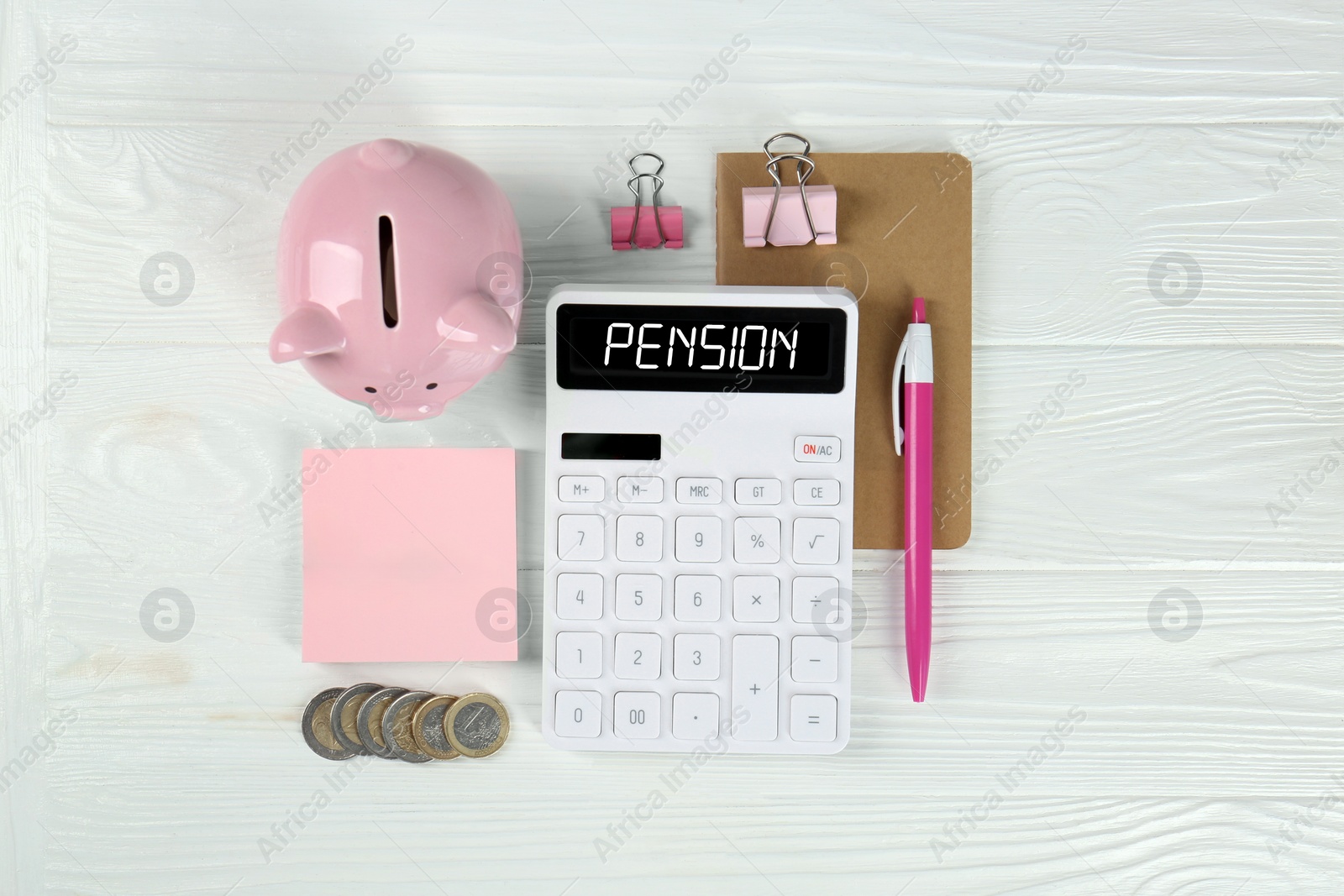 Image of Calculator with word Pension, coins, piggy bank and stationery on white wooden table, flat lay