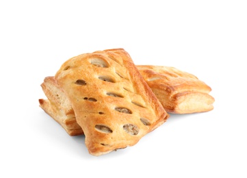 Photo of Fresh tasty puff pastry on white background