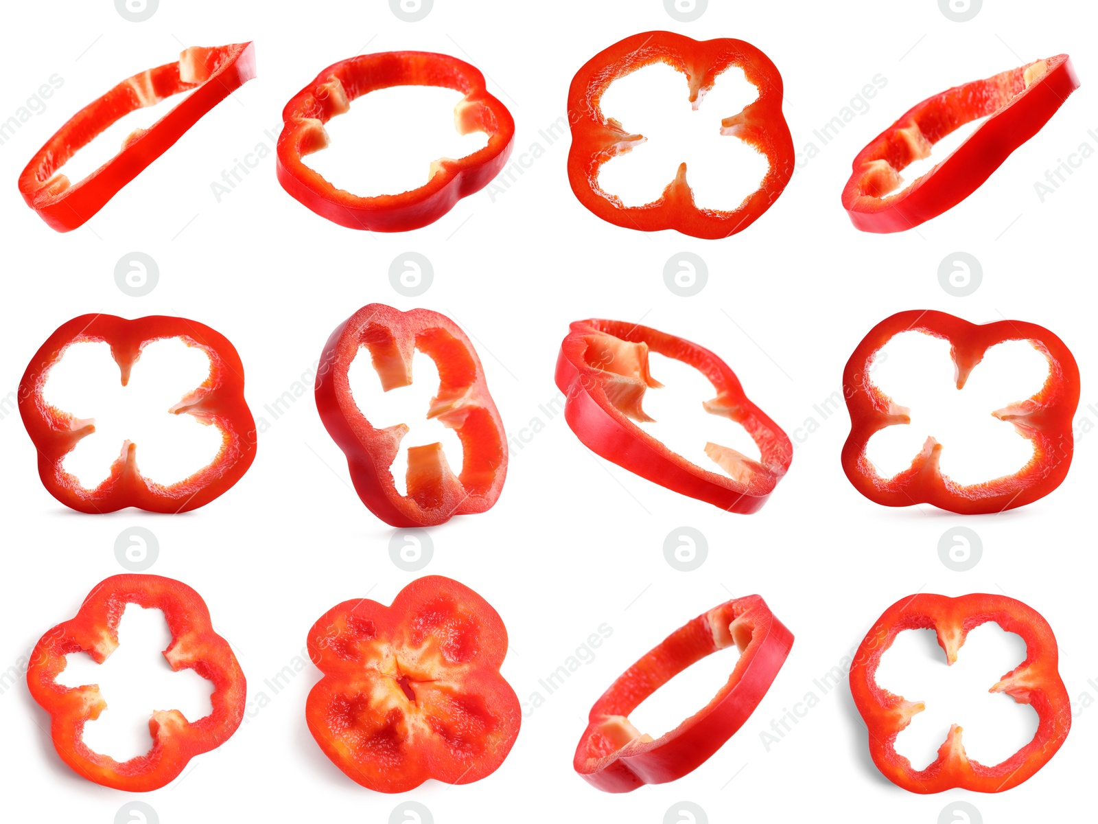 Image of Set of cut ripe red bell peppers on white background