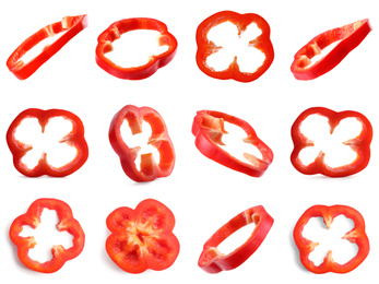 Set of cut ripe red bell peppers on white background