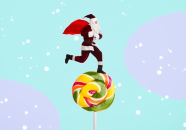 Christmas art collage with Santa Claus running on lollipop against color background