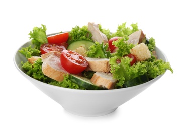 Delicious salad with chicken and vegetables in bowl isolated on white