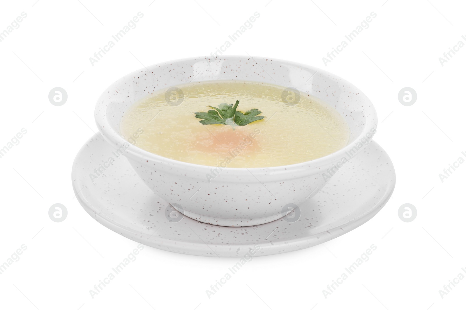 Photo of Tasty soup with parsley in bowl isolated on white