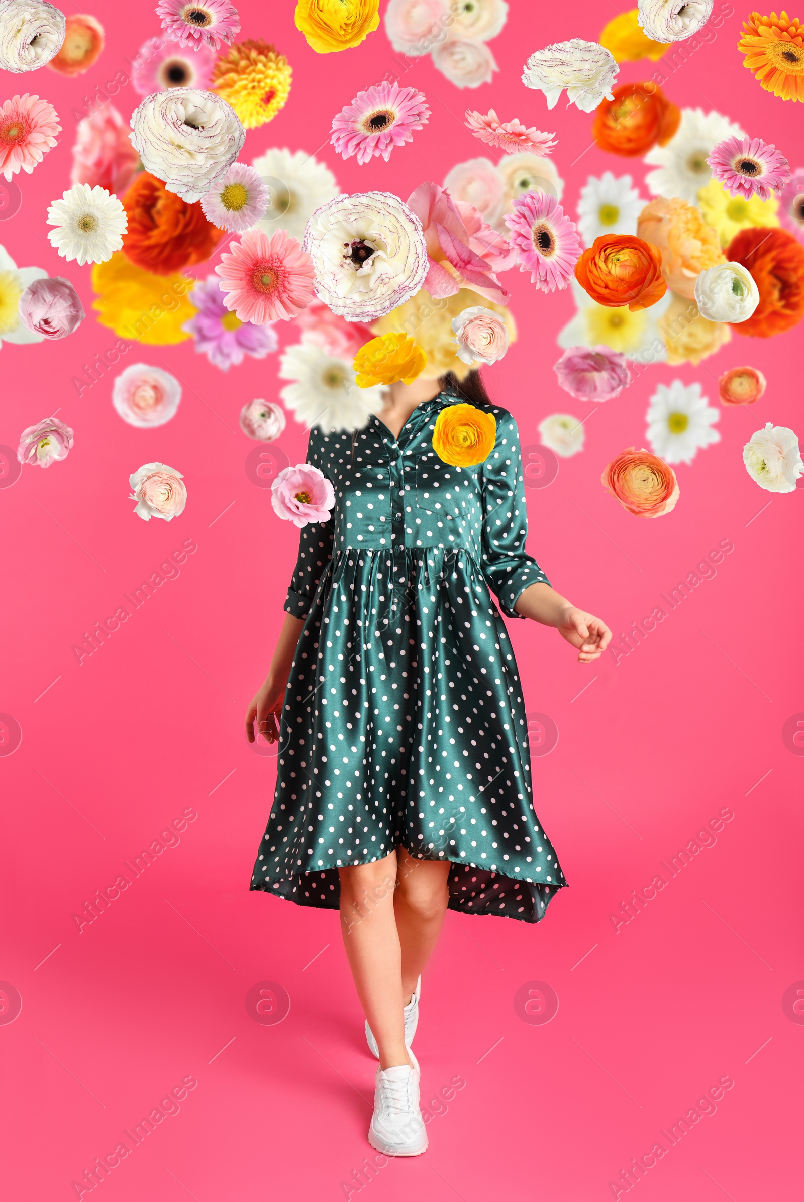 Image of Creative spring fashion composition. Walking girl and flowers splash