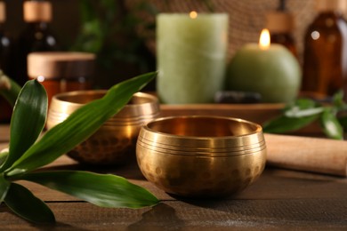 Photo of Green branch, singing bowls and burning candles on wooden table, closeup