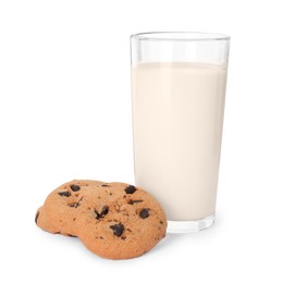 Photo of Delicious chocolate chip cookies and milk isolated on white