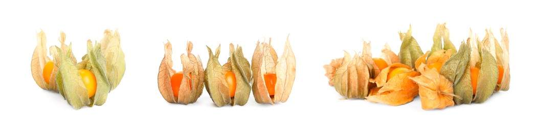 Set with tasty ripe physalis fruits on white background. Banner design