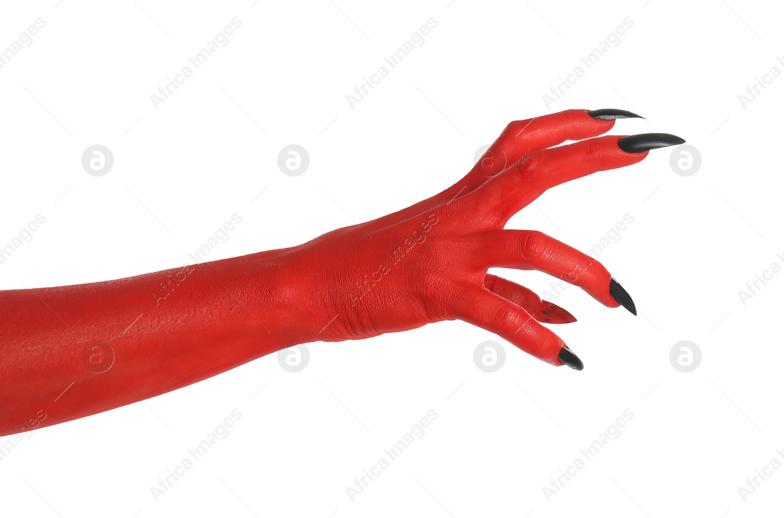 Photo of Scary monster on white background, closeup of hand. Halloween character