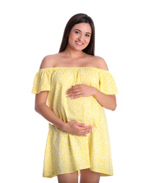 Beautiful pregnant young woman on white background