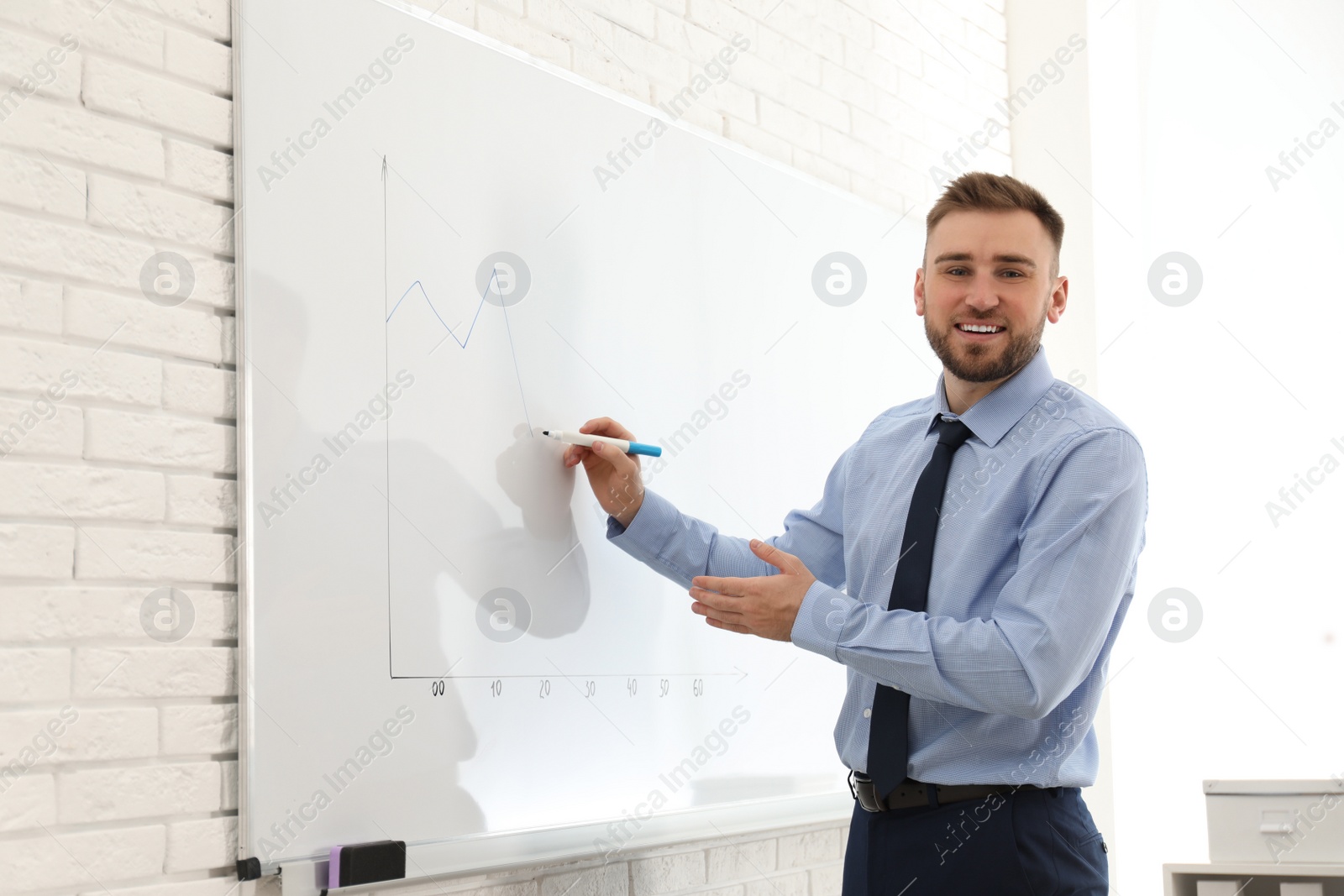 Photo of Professional business trainer near whiteboard in office