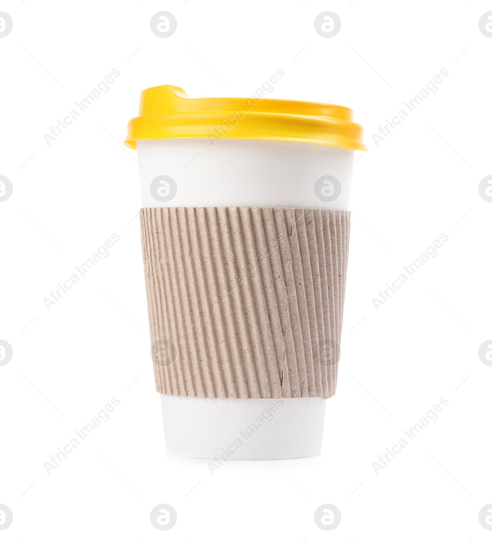 Photo of Takeaway paper coffee cup with cardboard sleeve isolated on white