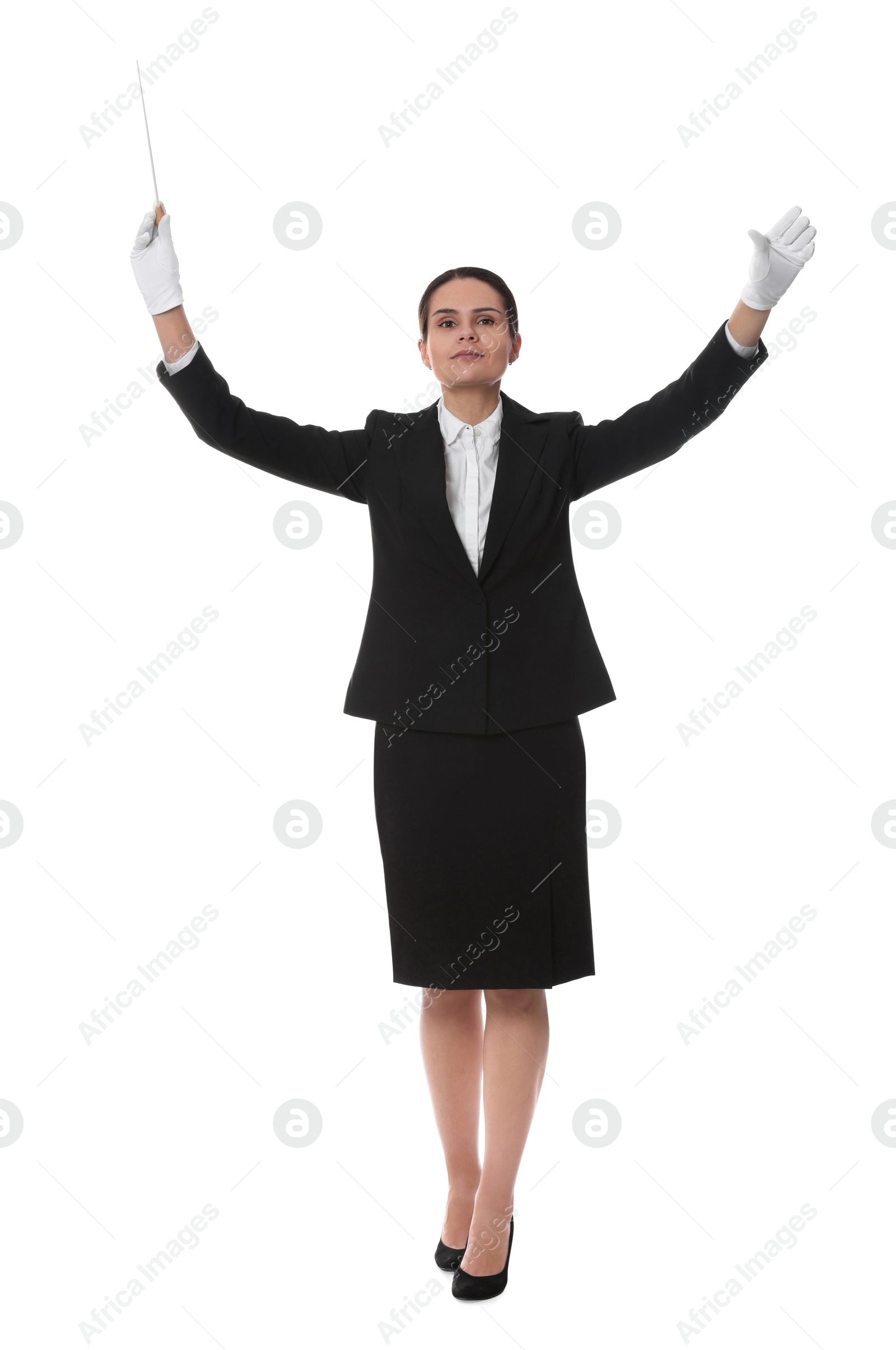 Photo of Professional young conductor with baton on white background