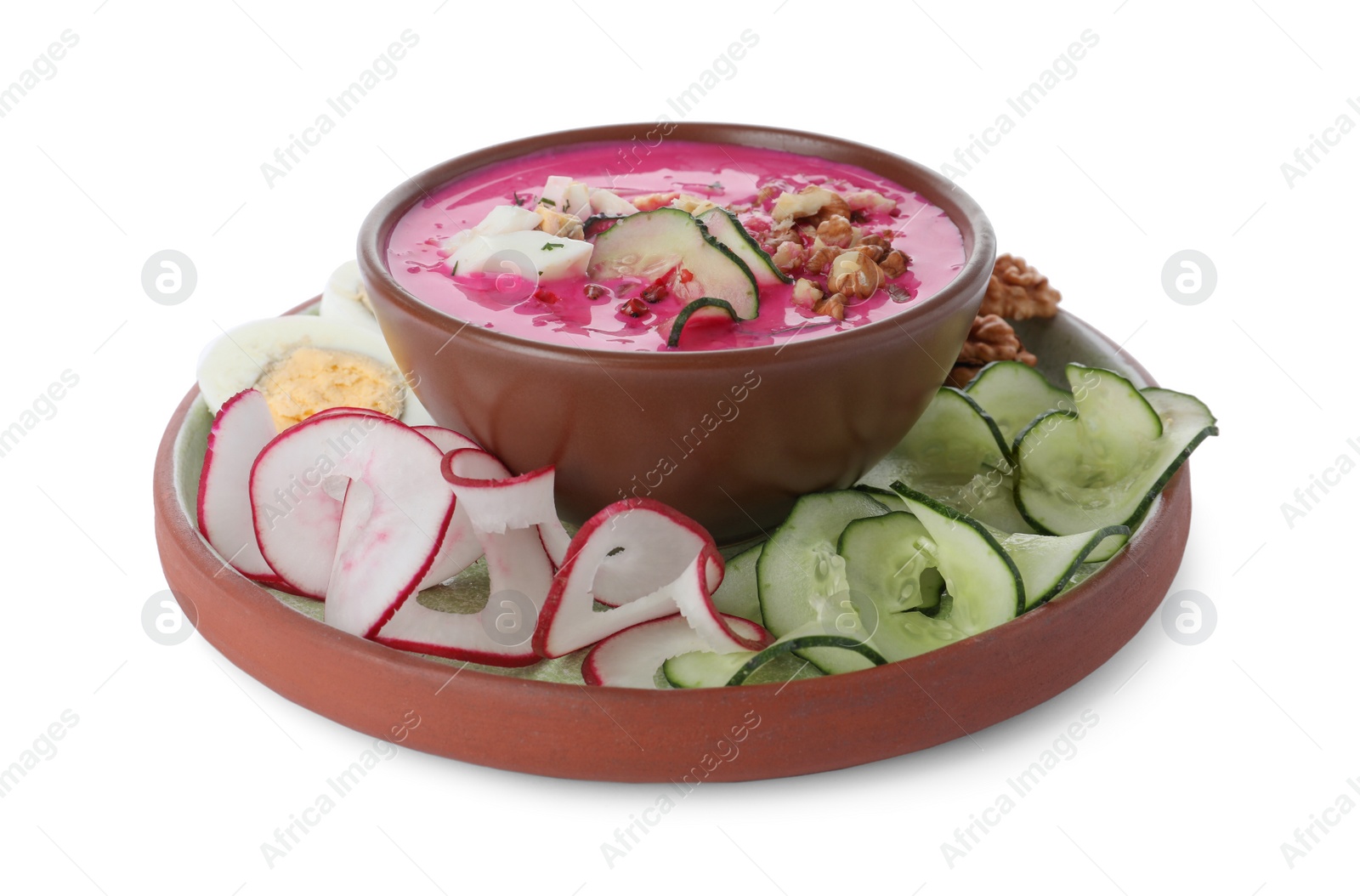 Photo of Delicious cold summer beet soup on white background