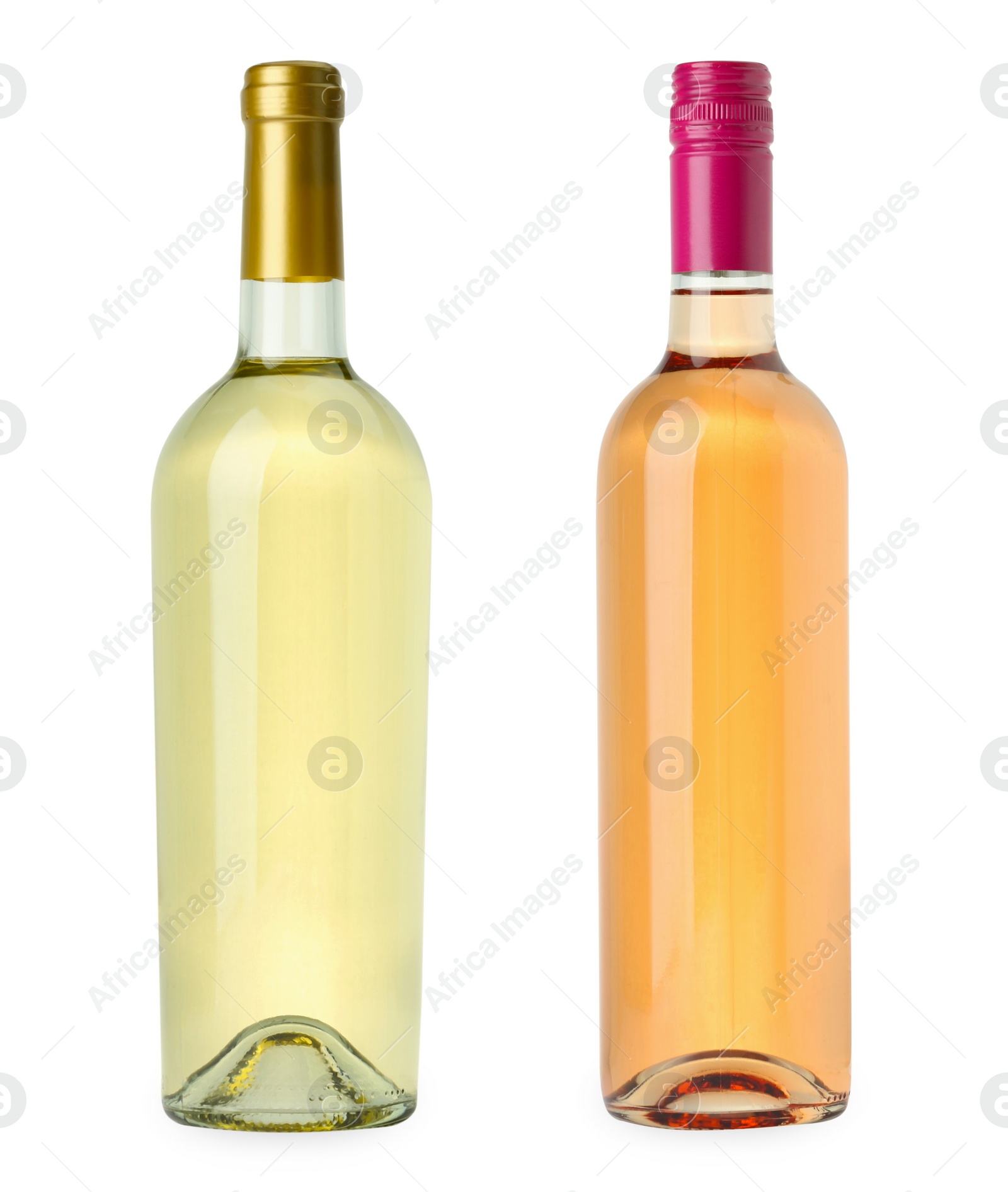 Image of Bottles of white and rose wine isolated on white