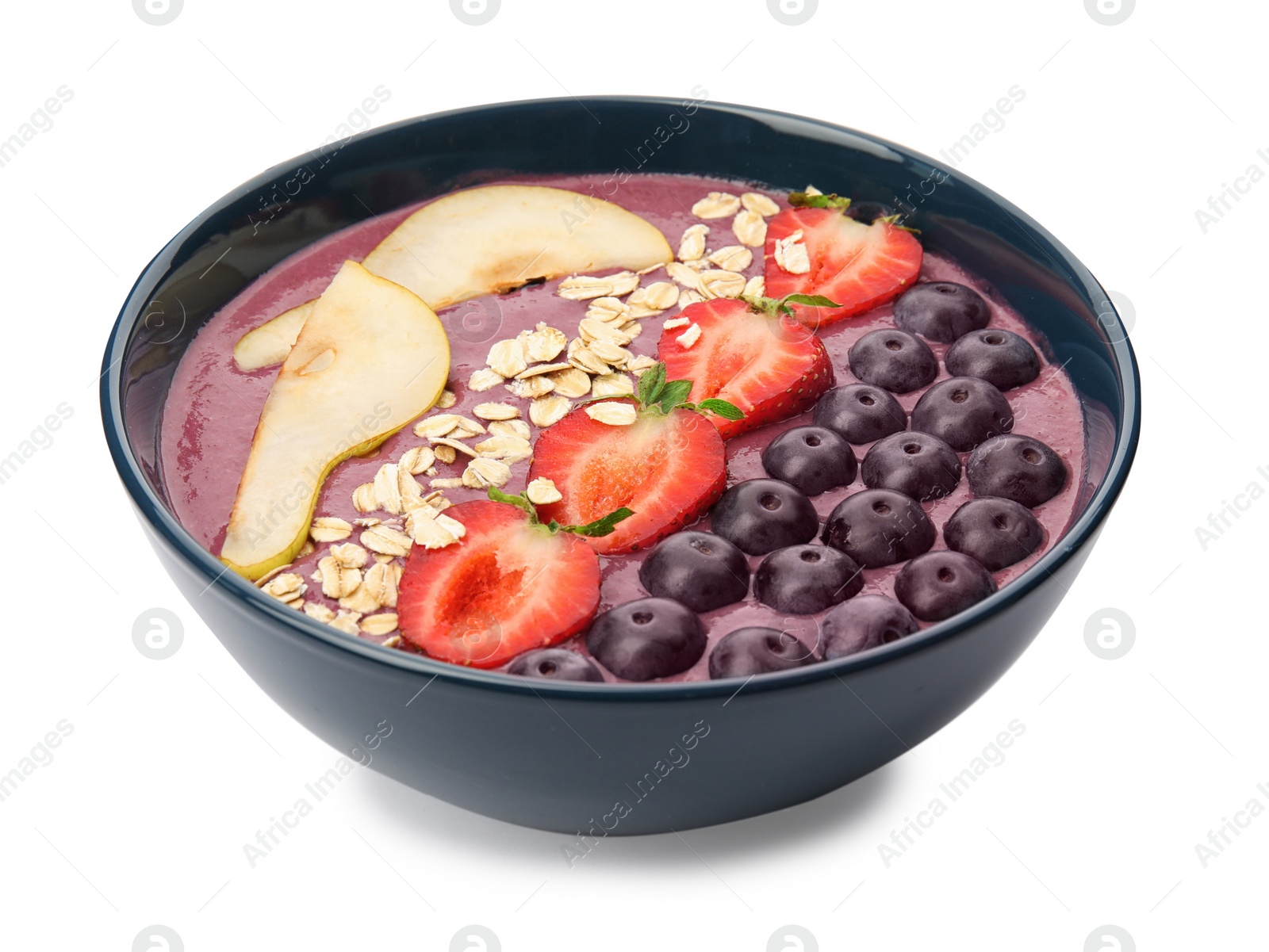 Photo of Bowl with tasty acai smoothie on white background