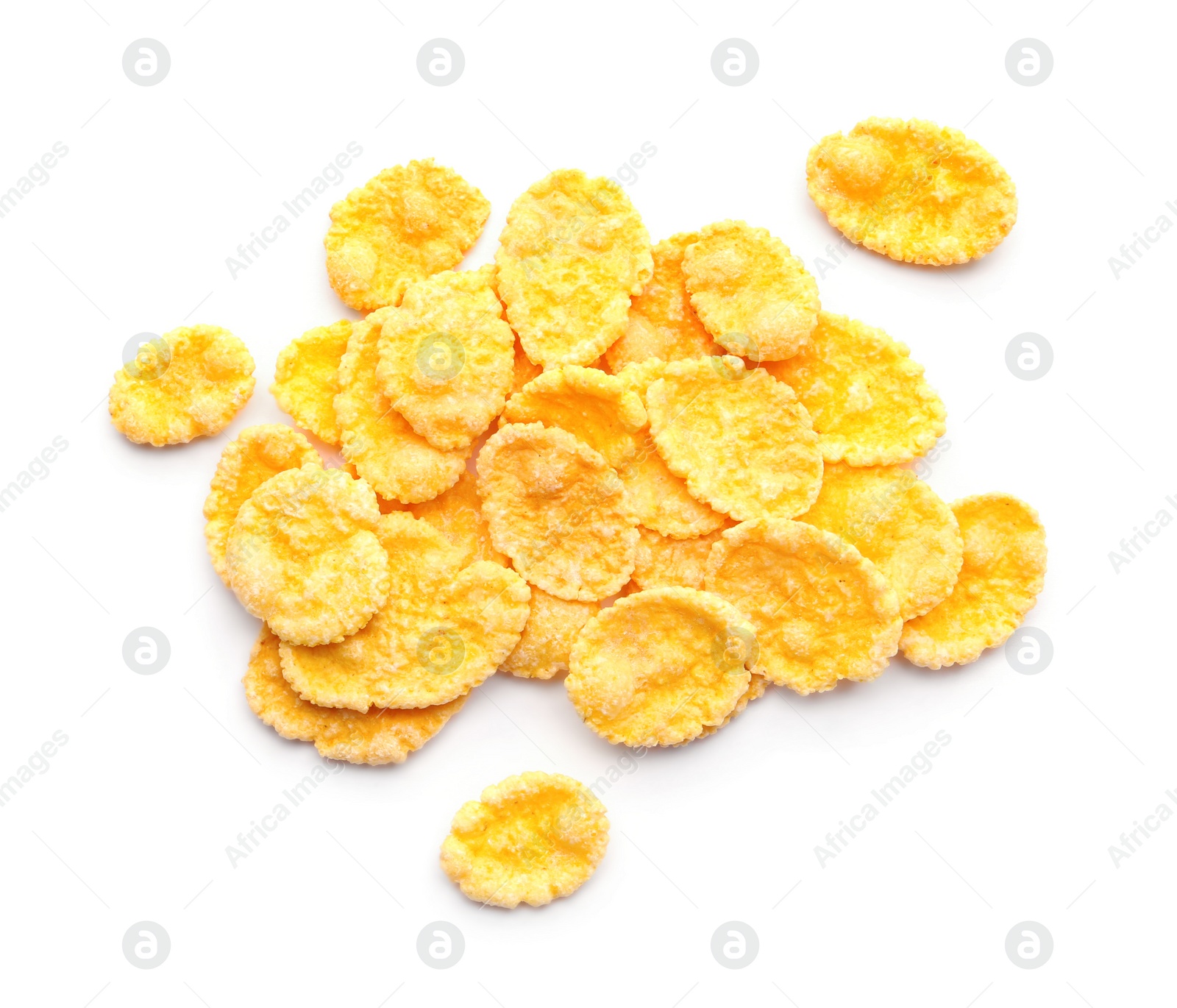 Photo of Pile of tasty corn flakes on white background, top view