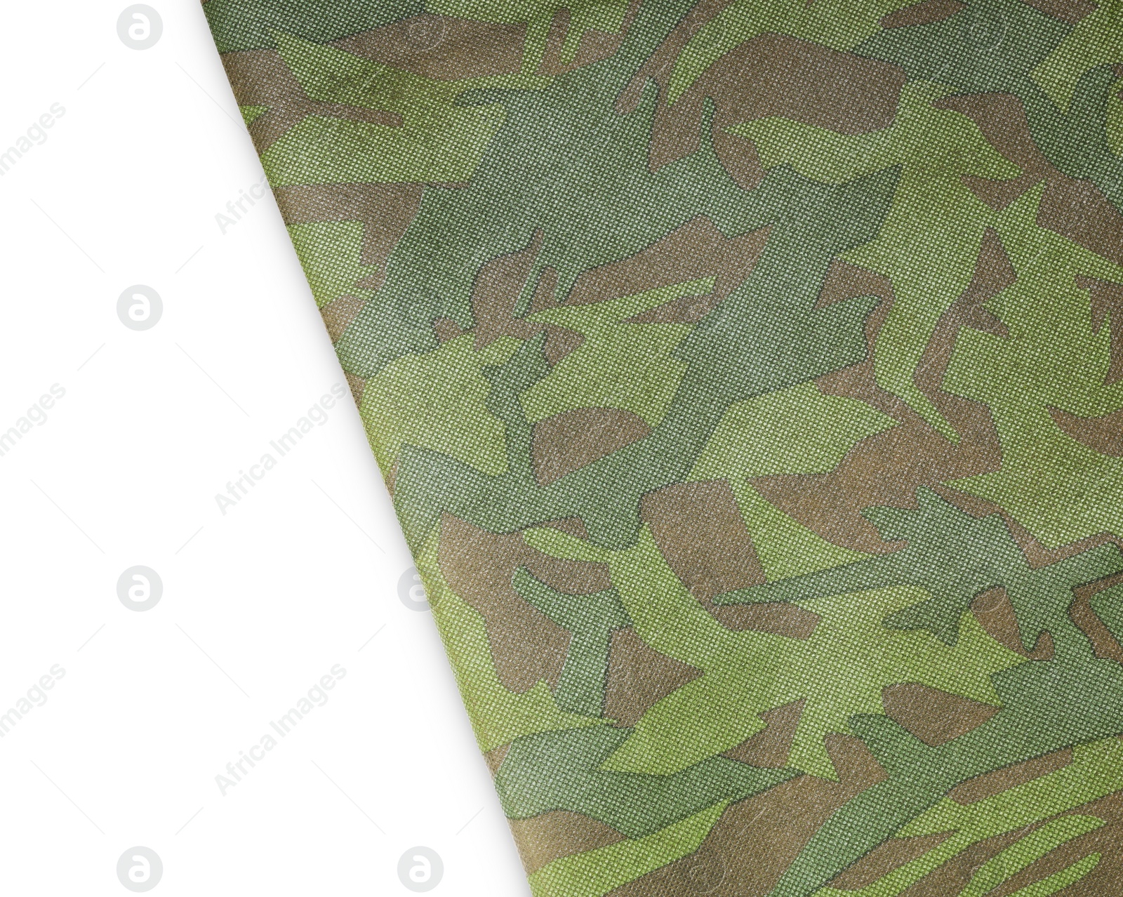 Photo of Camouflage fabric isolated on white, top view