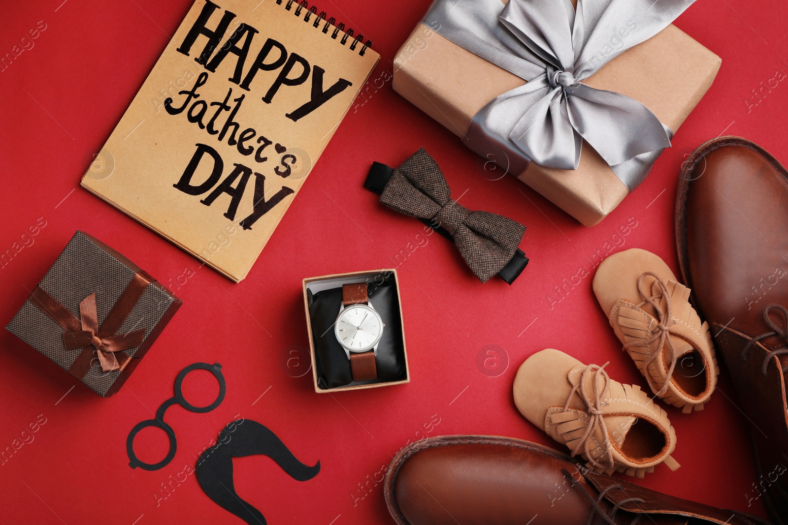 Photo of Flat lay composition with shoes, male accessories and gift boxes on color background. Happy Father's Day