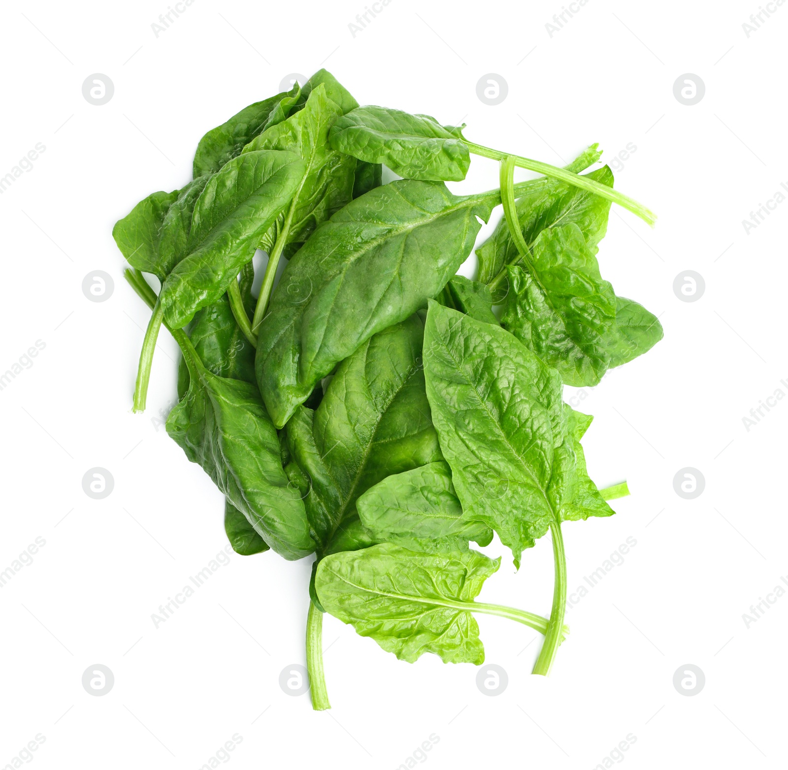 Photo of Pile of fresh spinach leaves isolated on white, top view