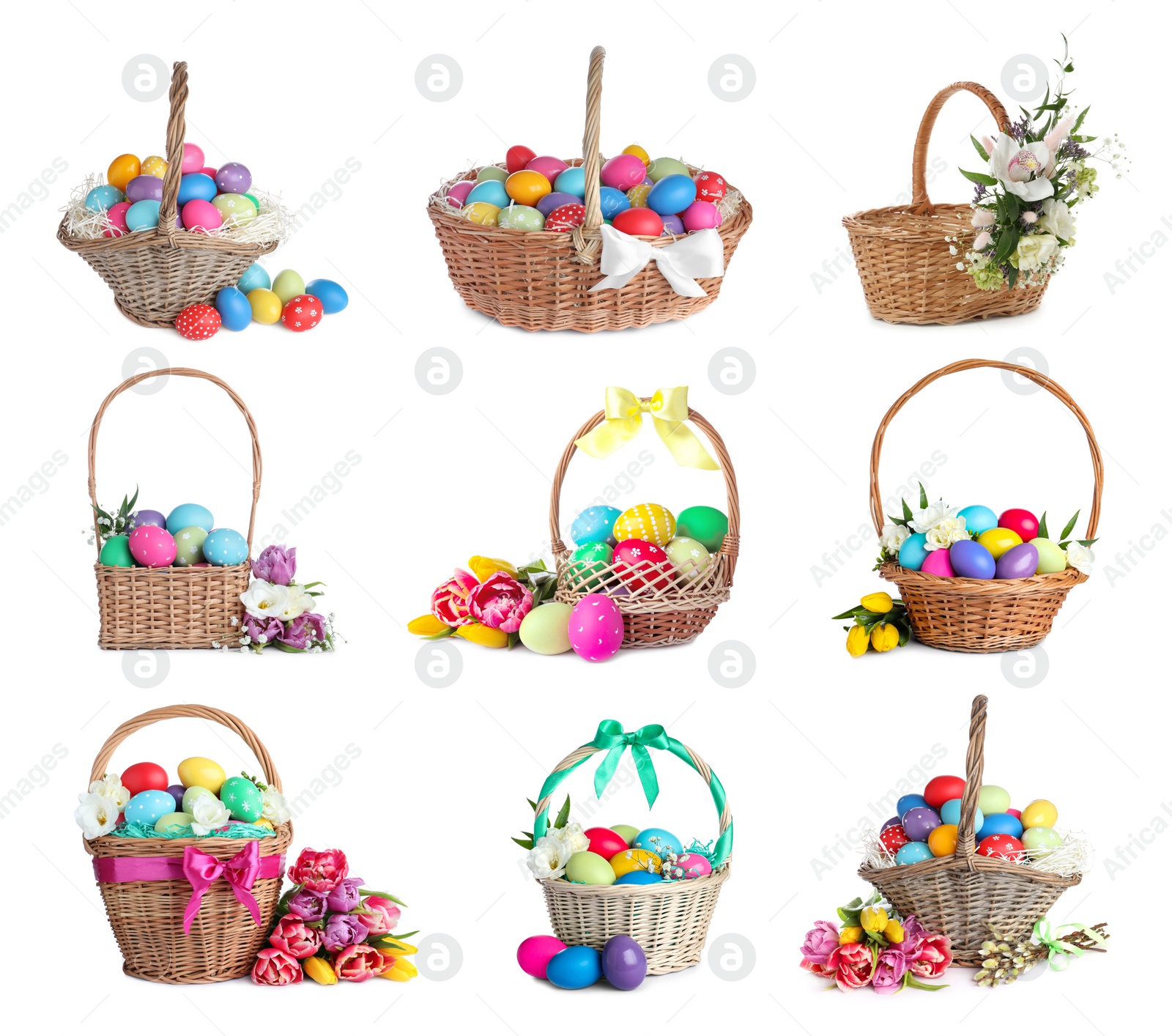 Image of Set of wicker baskets with bright Easter eggs on white background