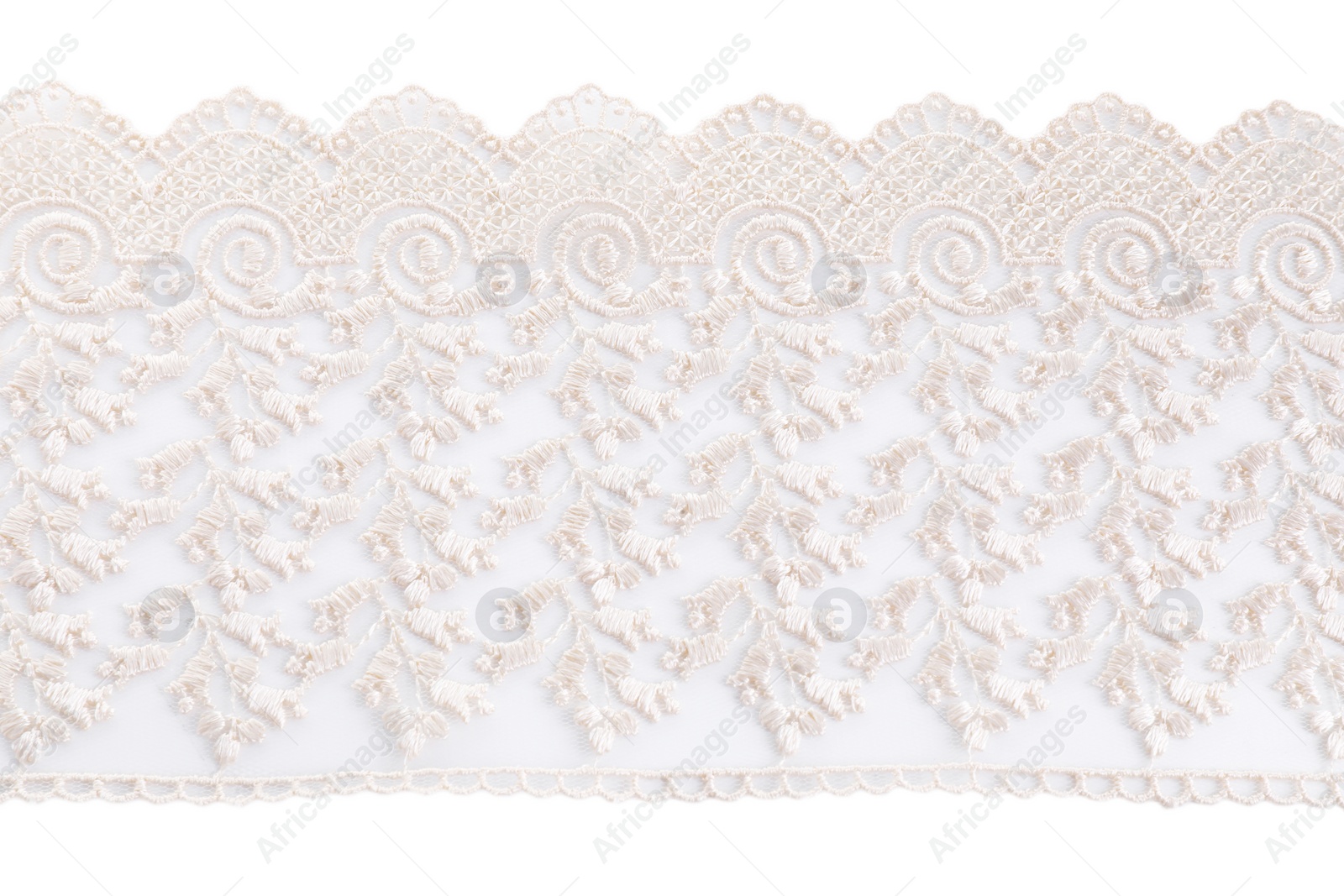 Photo of Beautiful lace isolated on white, top view