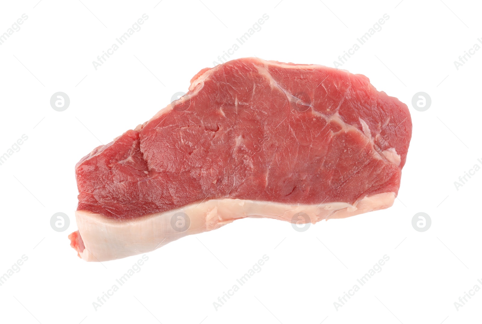 Photo of Steak of raw beef meat isolated on white, top view