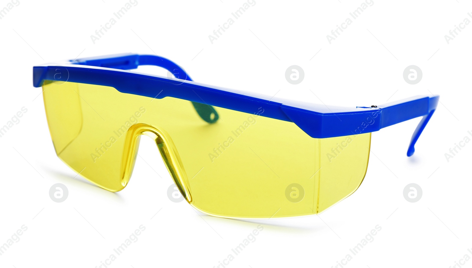 Photo of Protective goggles on white background. Safety equipment