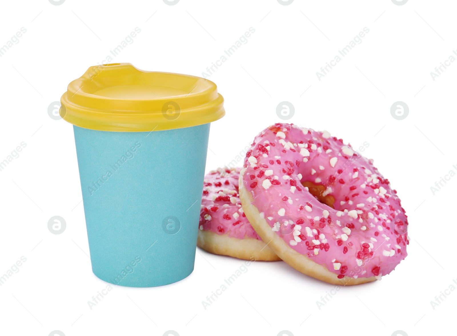 Photo of Two delicious donuts with sprinkles and hot drink isolated on white