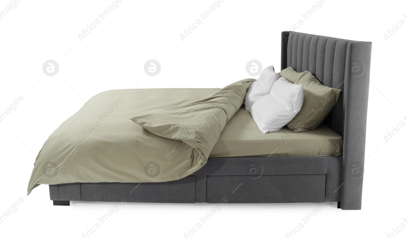 Photo of Comfortable gray bed with linens on white background