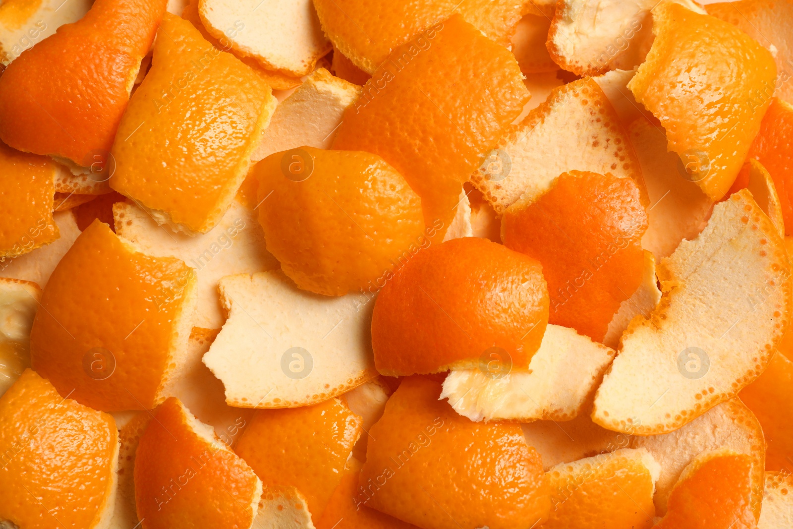 Photo of Many orange peels preparing for drying as background, closeup