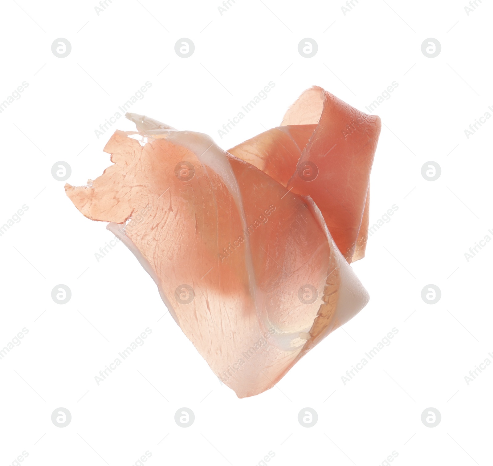 Photo of Slice of tasty prosciutto isolated on white