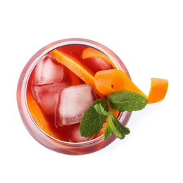 Glass of Aperol Spritz cocktail on white background, top view. Traditional alcoholic drink
