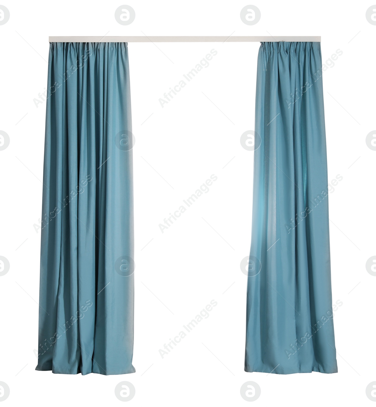 Image of Beautiful elegant blue curtains on white background