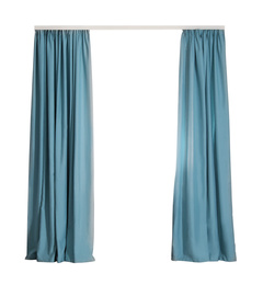 Image of Beautiful elegant blue curtains on white background