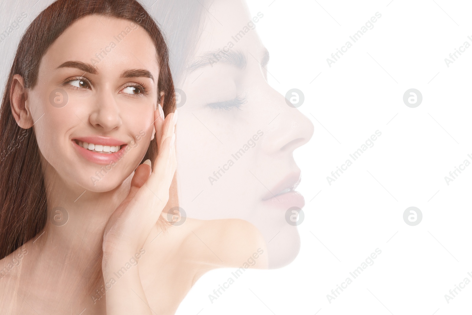 Image of Double exposure of beautiful women on white background