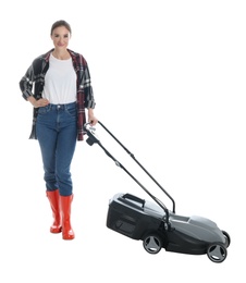 Young woman with modern lawn mower on white background