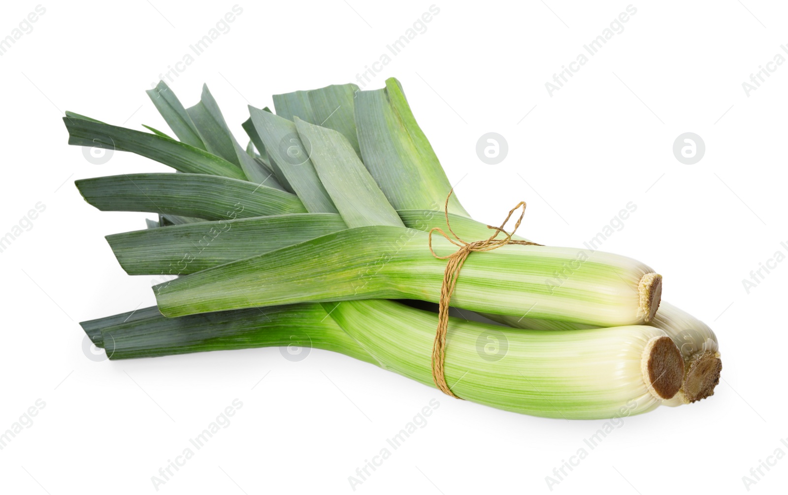 Photo of Fresh raw leeks on white background. Ripe onion