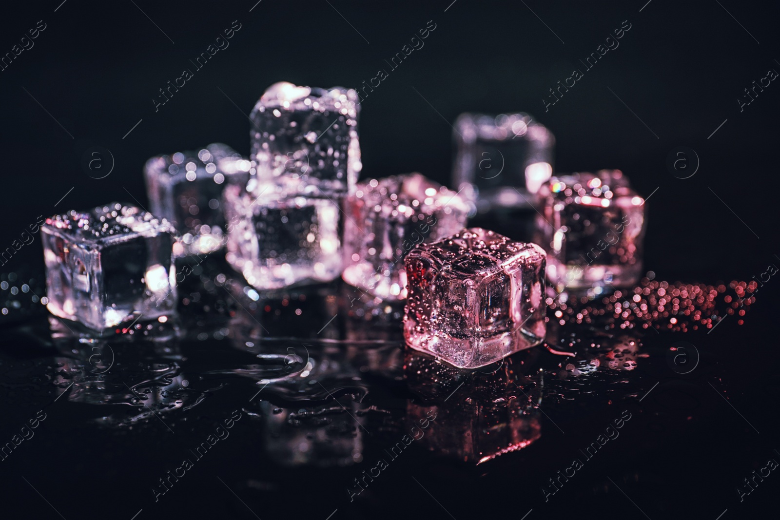 Photo of Pile of crystal clear ice cubes on black background