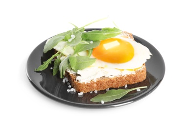Photo of Delicious sandwich with arugula and fried egg isolated on white