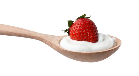 Photo of Wooden spoon with yogurt and strawberry isolated on white
