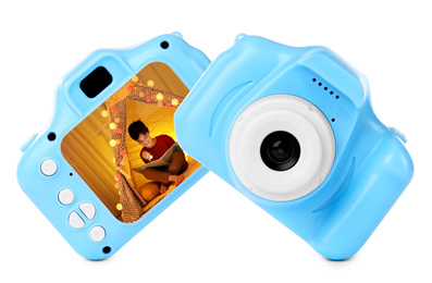 Image of Blue toy cameras on white background in collage, one with photo of boy reading book