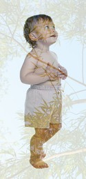 Double exposure of cute little child and green tree