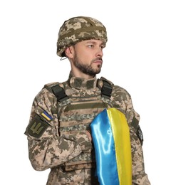 Soldier in military uniform with Ukrainian flag on white background