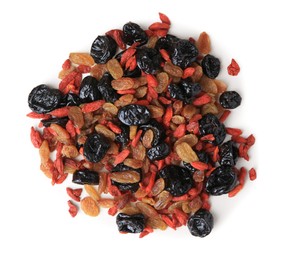 Pile of different tasty dried fruits on white background, top view