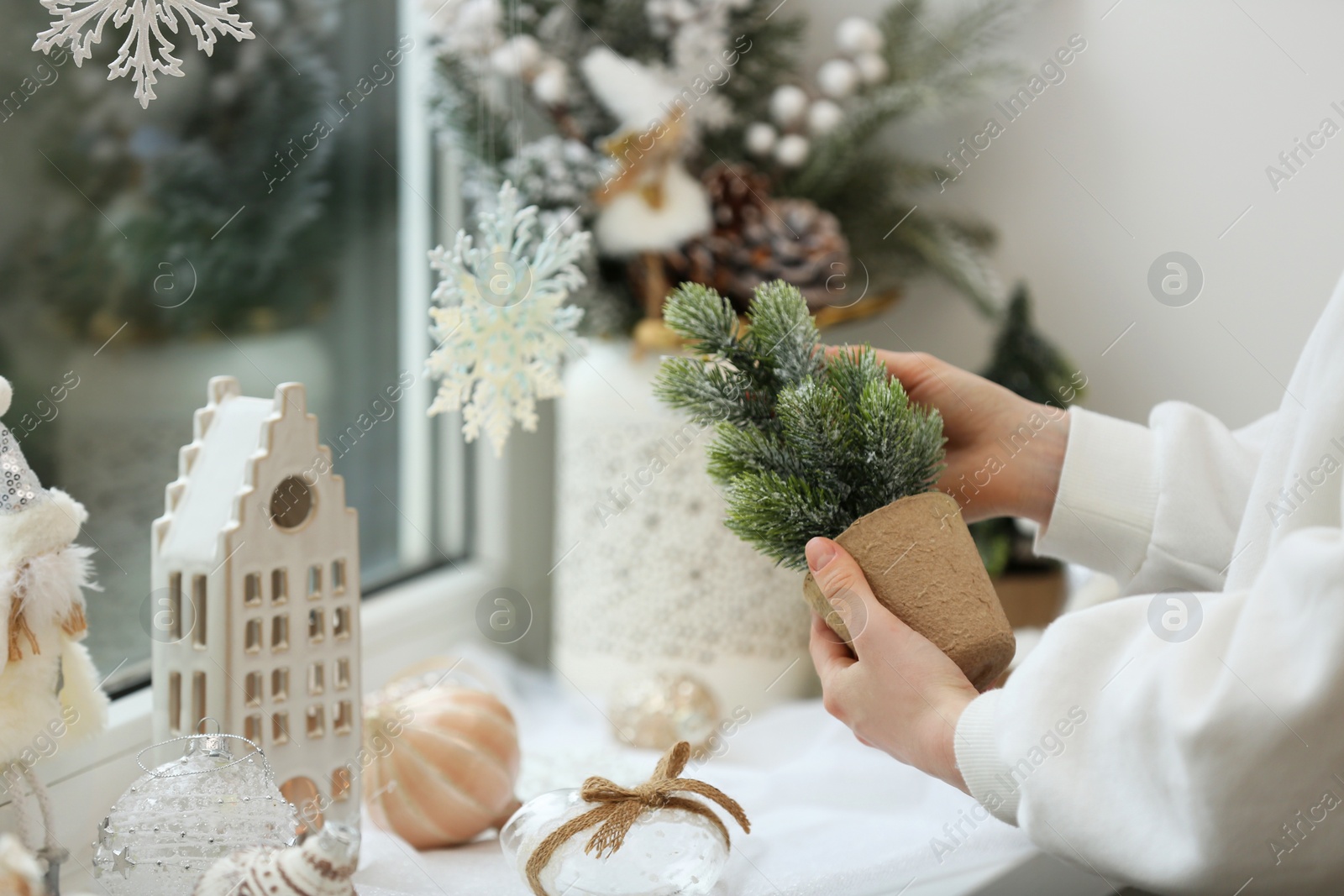 Photo of Woman holding small Christmas tree near window sill indoors, closeup