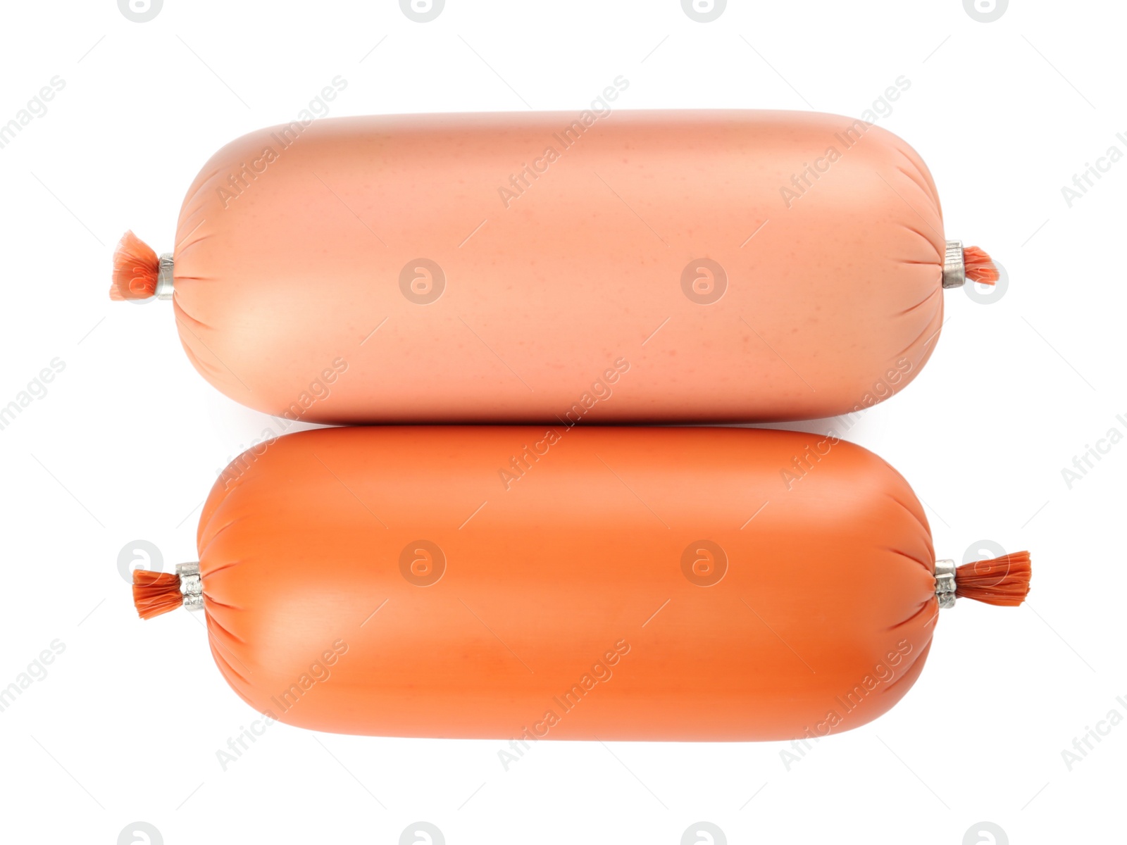 Photo of Different tasty boiled sausages on white background, top view