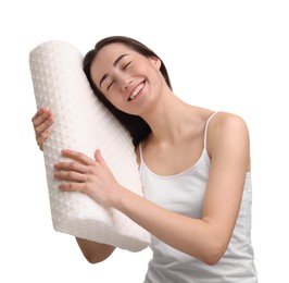Photo of Woman with orthopedic pillow on white background