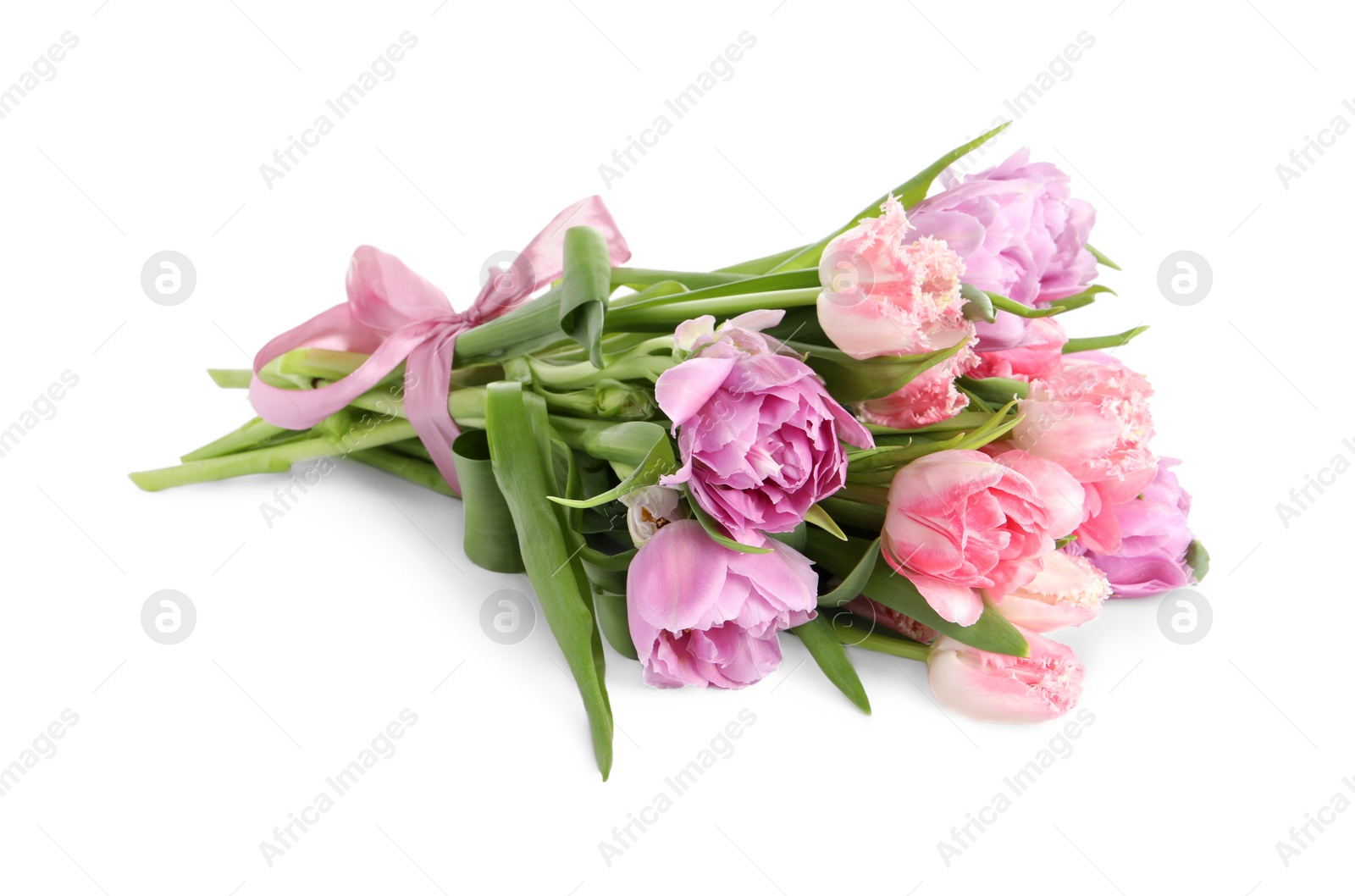 Photo of Beautiful bouquet of colorful tulip flowers on white background