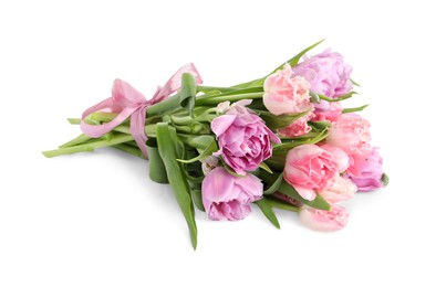 Beautiful bouquet of colorful tulip flowers on white background