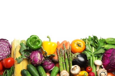 Photo of Assortment of fresh vegetables on white background, top view. Space for text